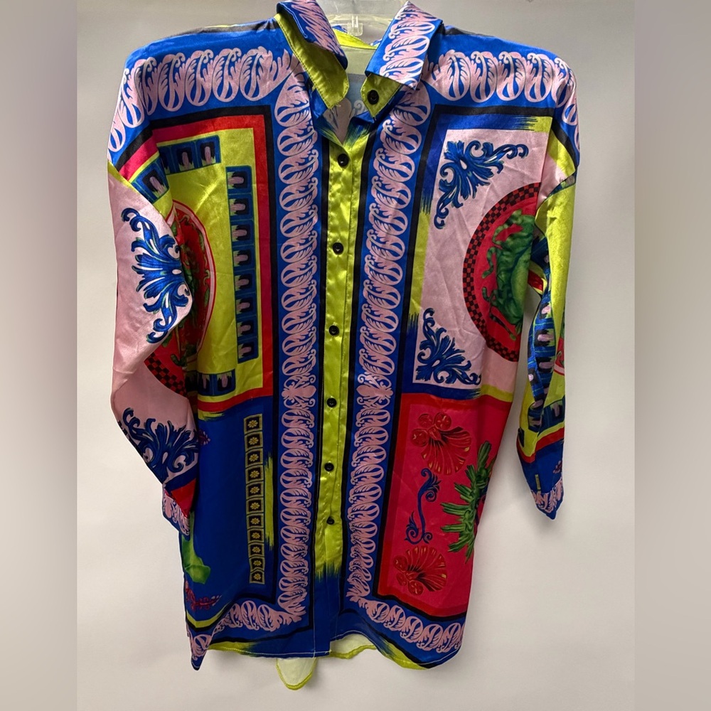 Vibrant Multicolor Button-Up Silk Shirt/Coverup